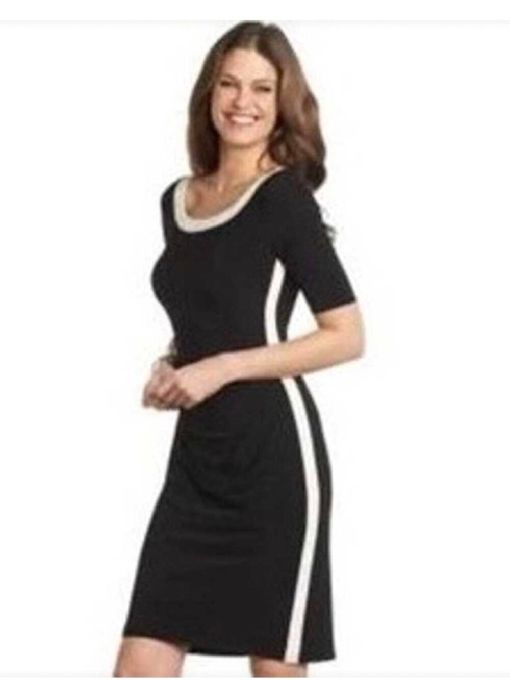 Chaps Black with White Trim Ruched Sheath Jersey Dress, Size Medium